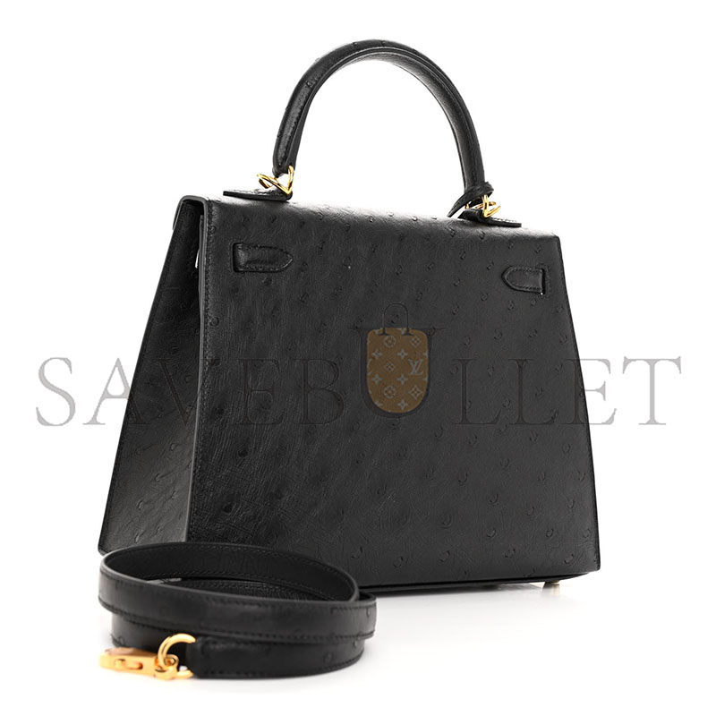 HERMÈS MASTER A BLACK OSTRICH KELLY 25 WITH GOLD HARDWARE (25*17*7cm)